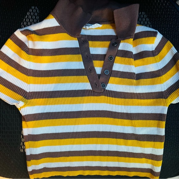 Madden Nyc Tops - Grunge Striped Brown and Yellow Cropped Polo